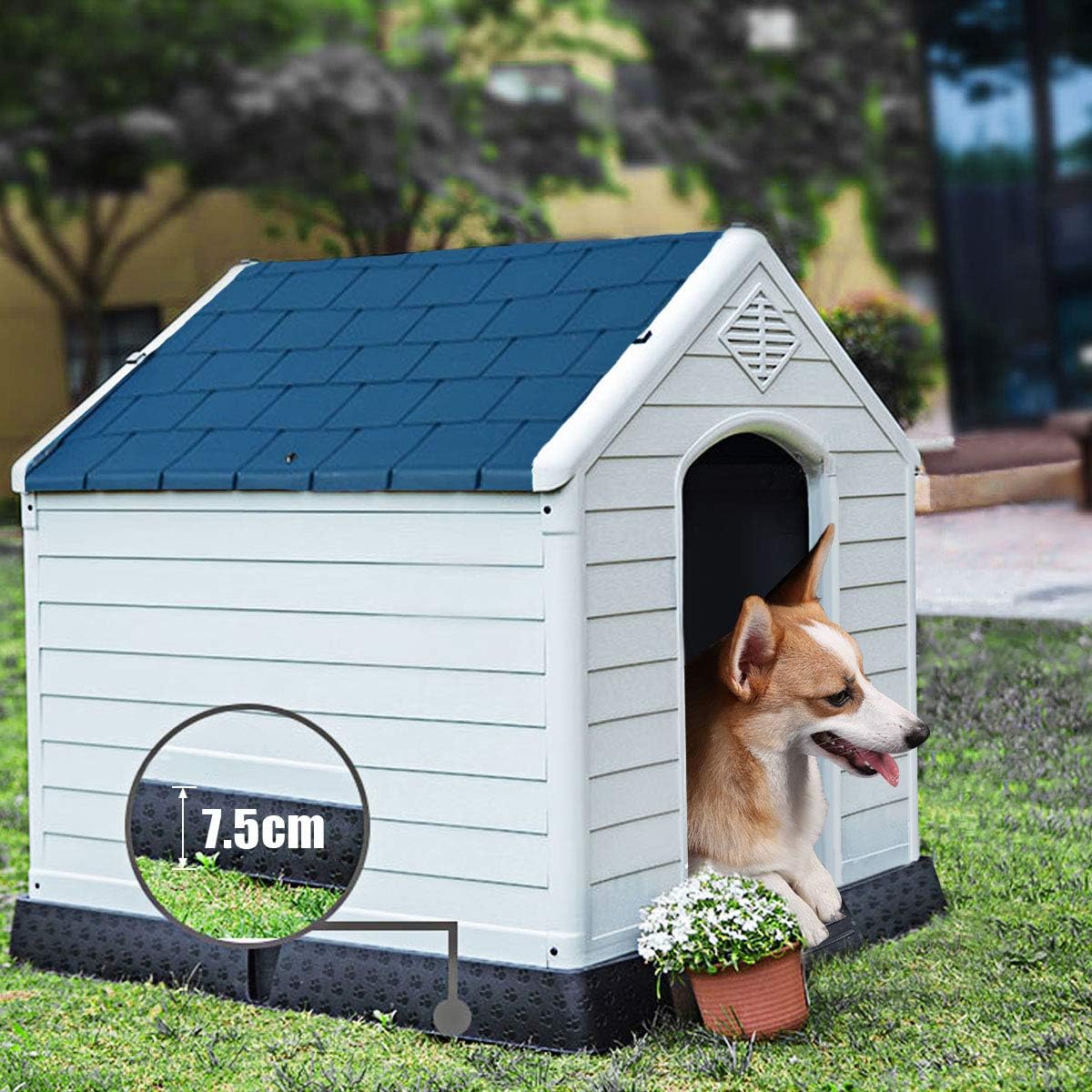 Cuccia per Cani da Esterno Impermeabile, Canile Villa per Cani in PP Resina, Bianco/Blu (85 x 77 x 83 cm)