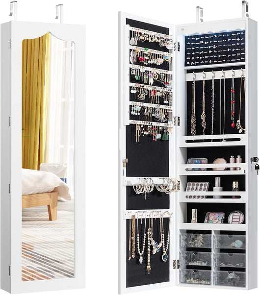 Armadio Portagioielli con Luci LED, Armadio Portagioielli Montato a Muro con Specchio e 6 Cassetti, Organizer Gioielli con Tanto Spazio, 36,5 x 11,5 x 120 cm (Bianco)