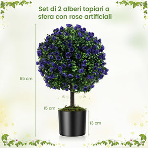 Set di 2 Alberi di Topiario Artificiale con Rose Viola, Albero di Bosso Finto da 55 cm con Vaso Riempito di Cemento, Pianta Finta Resistente al Sole per Interni ed Esterni
