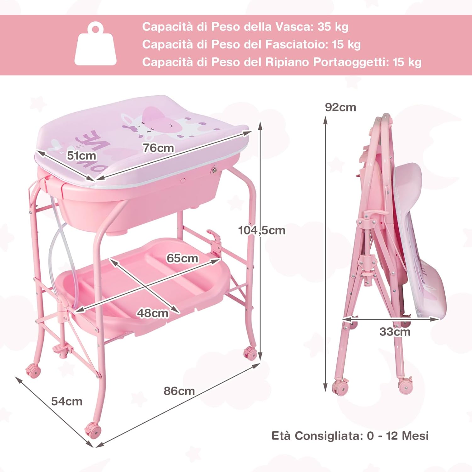 Fasciatoio con Vaschetta per Bambini, Vasca da Bagno per Neonati, Fasciatoio Pieghevole con Materassino, Cestino Portaoggetti, Ruote con Freno, Portata 35kg+15kg (Rosa)