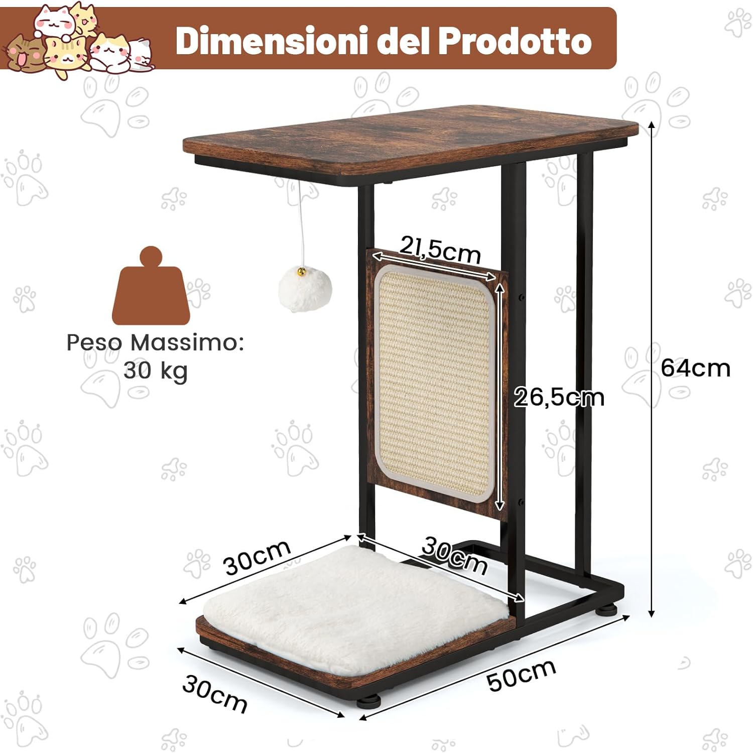 Tavolino da Salotto, Tavolino Multisuo con Tiragraffi, Cuscino Rimovibile Lavabile e Giocattolo Appeso, Mobili Moderni per Soggiorno e Camera da Letto, Marrone Rustico