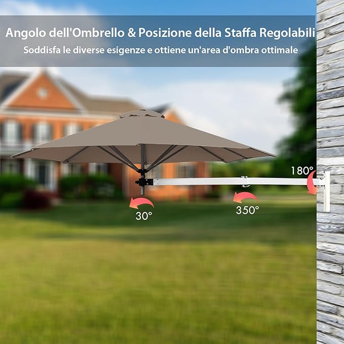 Ombrellone da Parete 247 cm, Ombrellone da Muro per Giardino con Angolo Regolabile, Parasole Esterno Pieghevole Anti UV, per Giardino, Balcone e Cortile