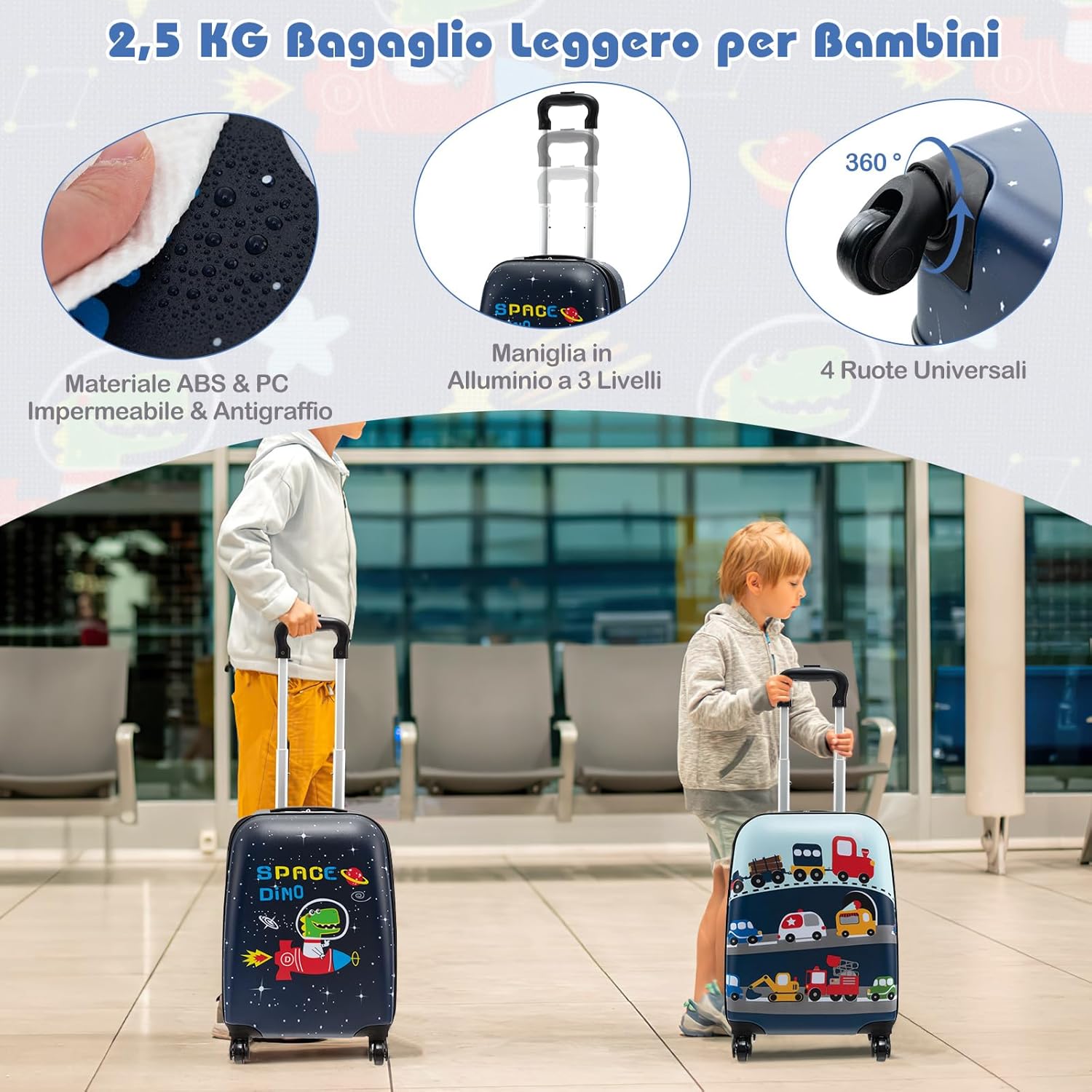 5 Pezzi Valigia per Bambini, Valigia con ManicoTelescopico da 16" con 13" Zainetto, Cuscino per Il Collo, Etichetta per Bagaglio, Borsa per Il Pranzo, con Ruote Girevoli a 360 ° (Modello 2)