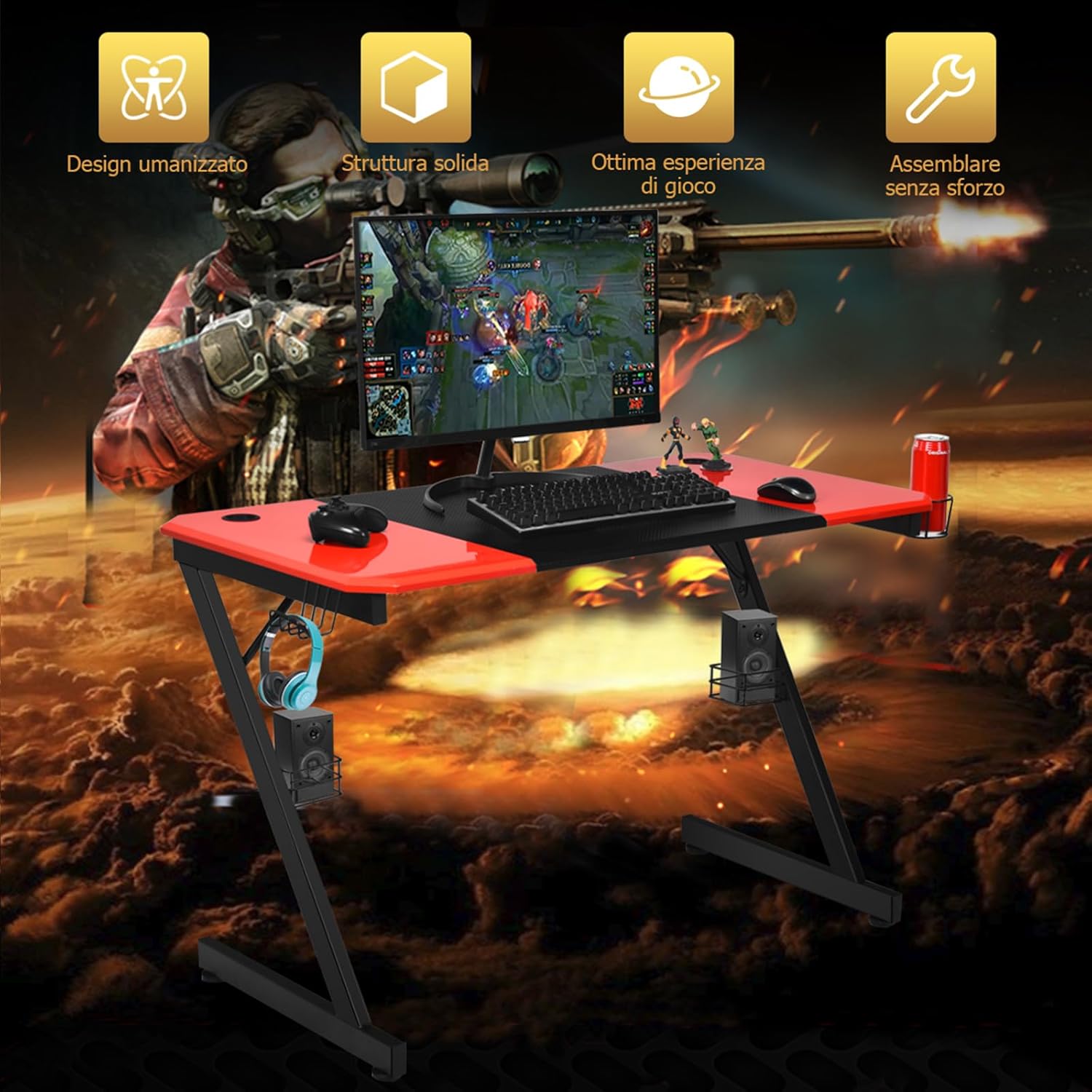 Scrivania da Gaming Tavolo per Computer Ergonomico, con Porta Bicchiere Gancio per Cuffie e Supporti Audio, 120 x 60 x 77 cm, Nero/Rosso
