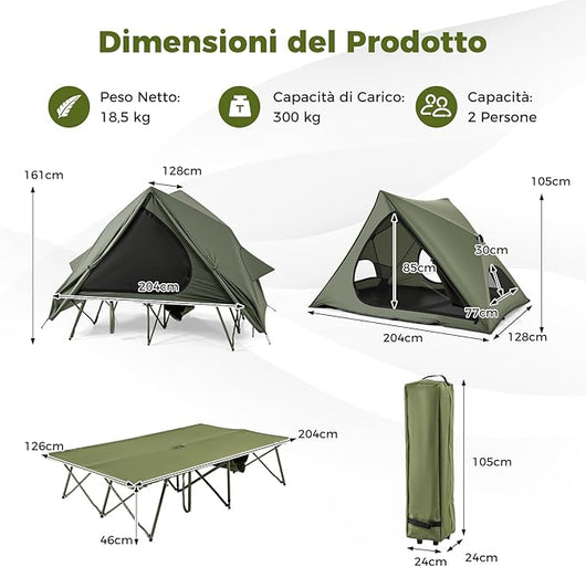 Tenda da Campeggio per 2 Persone, Tenda Impermeabile e Pieghevole con Tenda Pop-up, Letto da Campeggio, Borsa con Ruote, Telo Antipioggia, 2 Porte a Rete e Finestre per Spiaggia e Campeggio