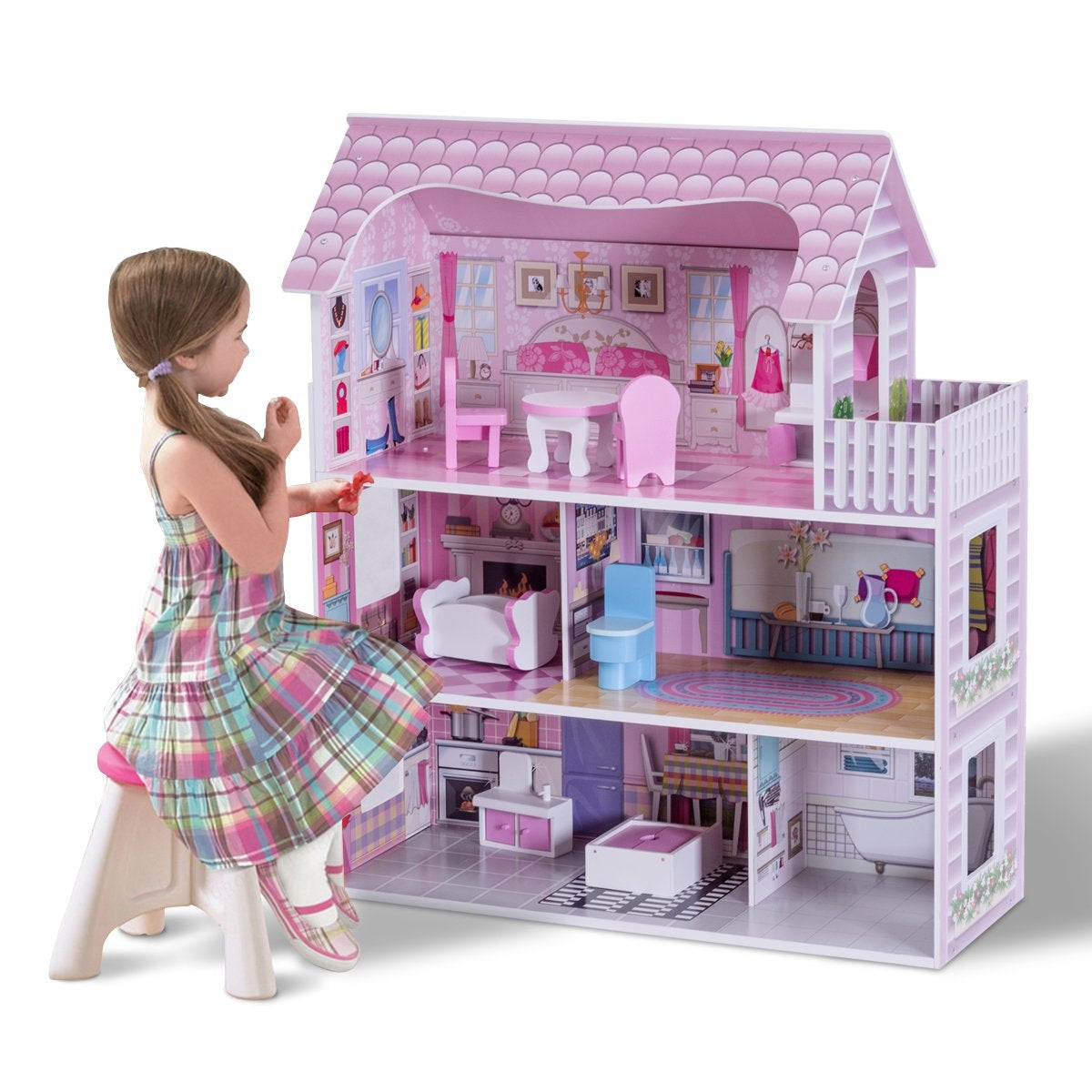 Casa delle bambole in legno per bambina Casa giocattolo dei bambini 3 piani con mobili e accessori 61x26,5x71cm-Cucine giocattoli