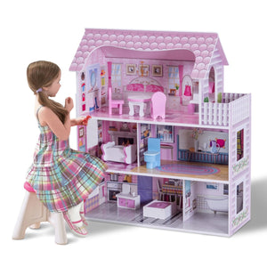 Casa delle bambole in legno per bambina Casa giocattolo dei bambini 3 piani con mobili e accessori 61x26,5x71cm-Cucine giocattoli