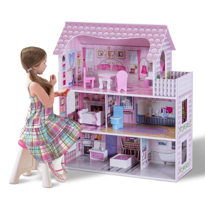 Casa delle bambole in legno per bambina Casa giocattolo dei bambini 3 piani con mobili e accessori 61x26,5x71cm-Cucine giocattoli