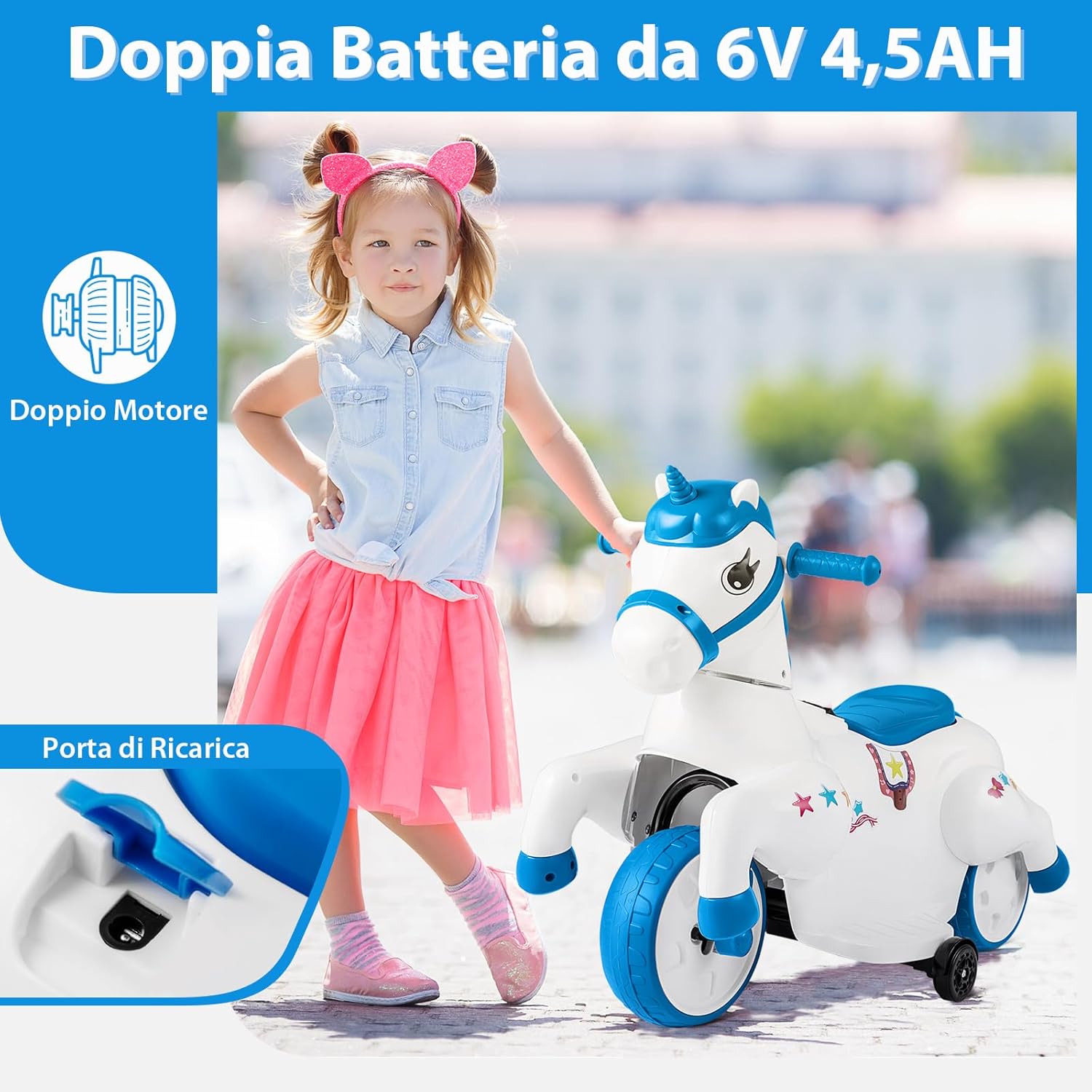 12V Giocattolo Unicorn a Cavallo, Macchina Cavalcabile con Ruote di Addestramento Modalità di Equitazione, Musica Panello LED, Cavallo a Motore per Bambini 3 Anni+ (Blu)
