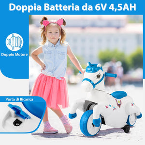 12V Giocattolo Unicorn a Cavallo, Macchina Cavalcabile con Ruote di Addestramento Modalità di Equitazione, Musica Panello LED, Cavallo a Motore per Bambini 3 Anni+ (Blu)