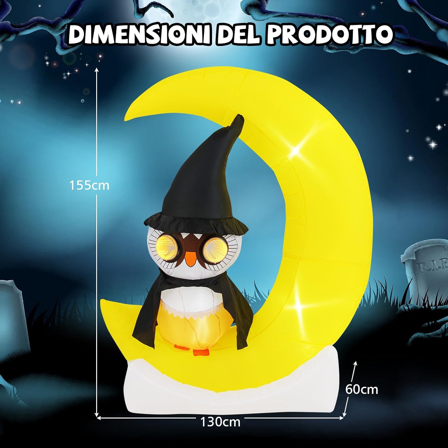 Decorazione Gonfiabile per Halloween 130 x 155 CM, Decorazione di Halloween Illuminata con LED e Grande Luna e Gufo Mago e Soffiatore Incorporato, per Cortile, Prato e Feste