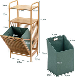 Armadietto da Terra Mobiletto Bagno 2 Ripiani Autoportante, con Sacco Portabiancheria, Adatto anche per Camera da Letto Salotto, in Bambù, 40,5 x 33 x 95,5 cm