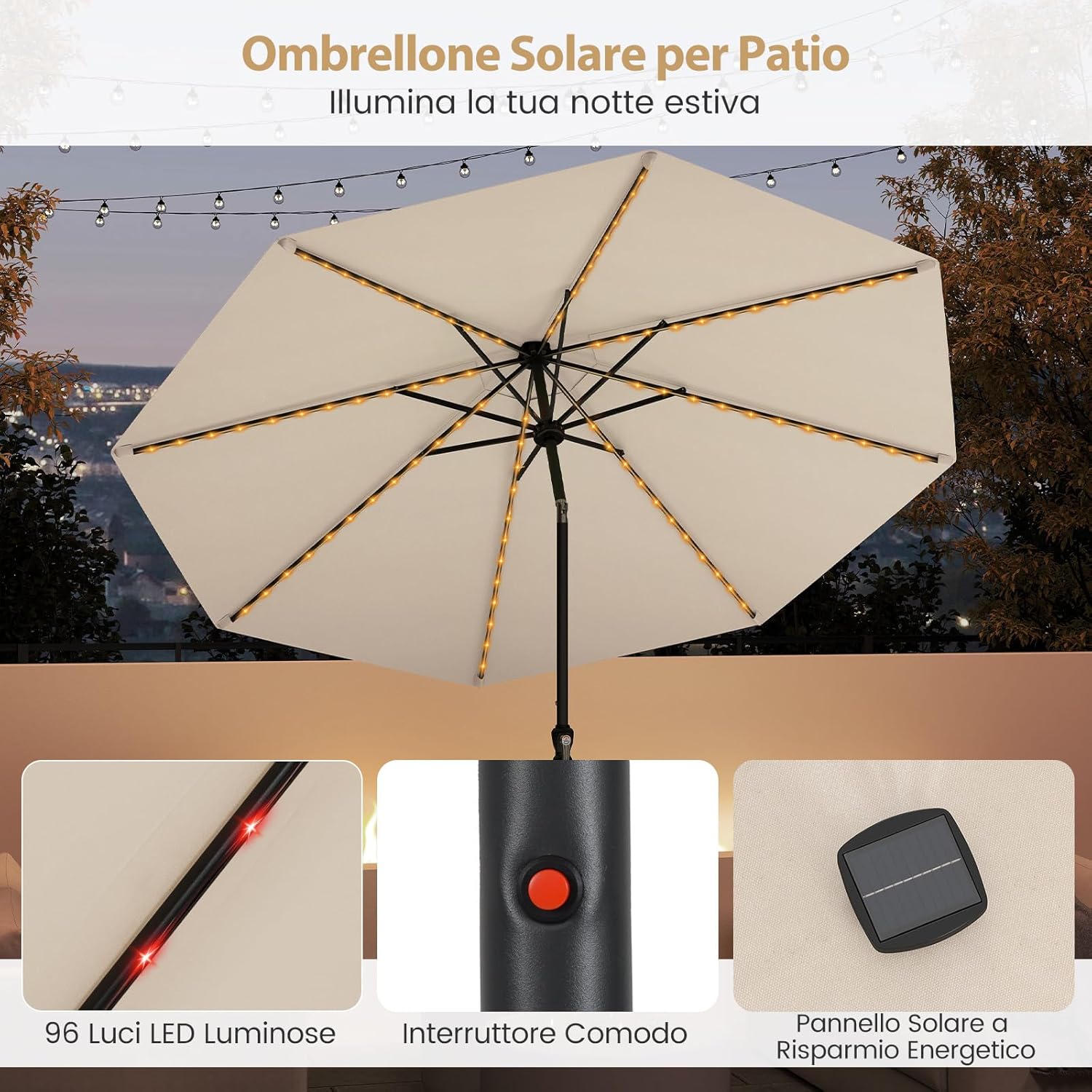 Ombrellone da Esterno 288 cm, con 96 Luci LED, Ombrellone Giardino con Inclinazione Regolabile, Manovella, 8 Stecche e Top Ventilato, Parasole da Mercato per Giardino Spiaggia (Beige)