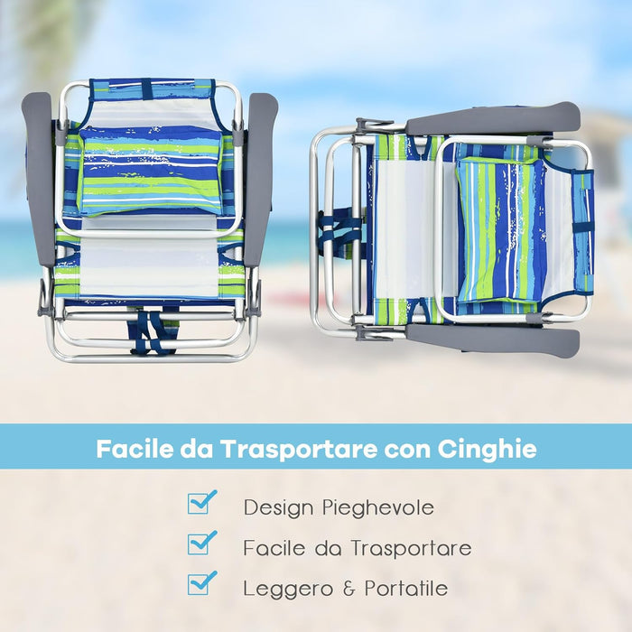 Set di Sedie da Spiaggia e Tavolino, Sedie da Esterno Reclinabili con Tavolino da Campeggio, Set di Tavolino in Alluminio e 2 Sedie Pieghevoli da Spiaggia a 5 Posizioni (Blu+Verde)