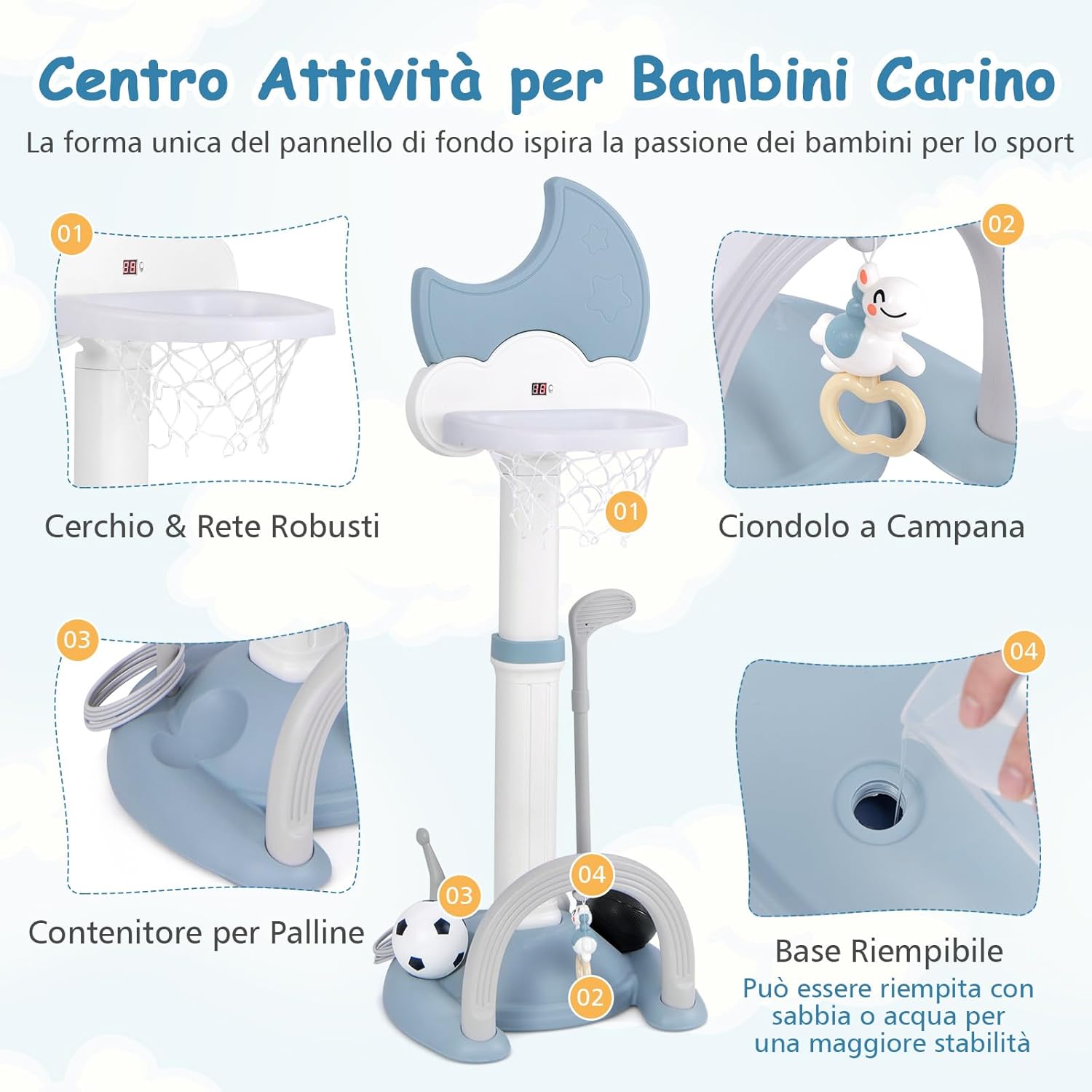 4 in 1 Canestro da Basket per Bambini, Centro di Attività Sportiva Regolabile con Basket Calcio Golf e Gioco del Lancio dell'Anello, per Interno ed Esterno, 3 Anni+ (Blu)