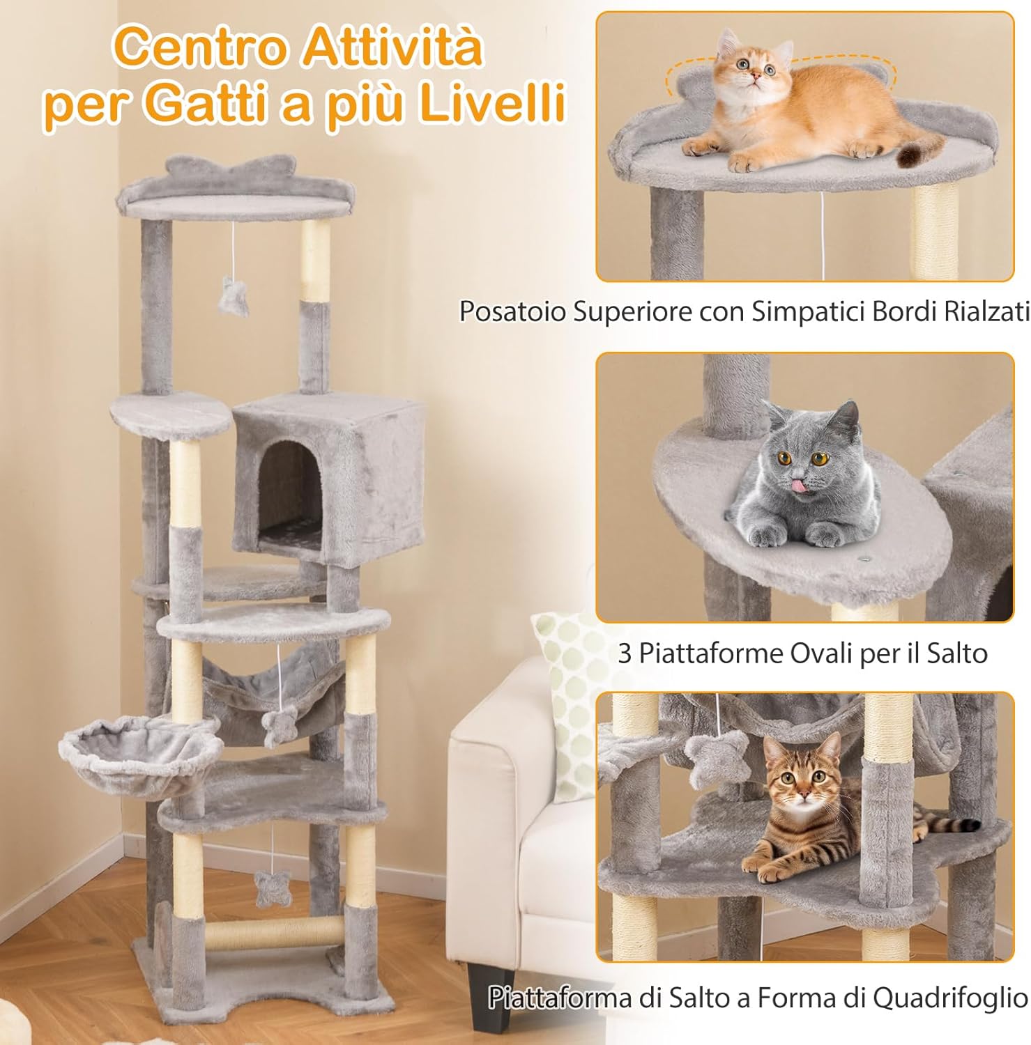 Tiragraffi 176cm, Albero per Gatti con Letto a Cesta, Amaca, Palline, Piattaforme di Salto, Giocattoli, Torre per Animali Domestici da Interno, Grigio