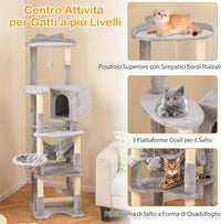 Tiragraffi 176cm, Albero per Gatti con Letto a Cesta, Amaca, Palline, Piattaforme di Salto, Giocattoli, Torre per Animali Domestici da Interno, Grigio