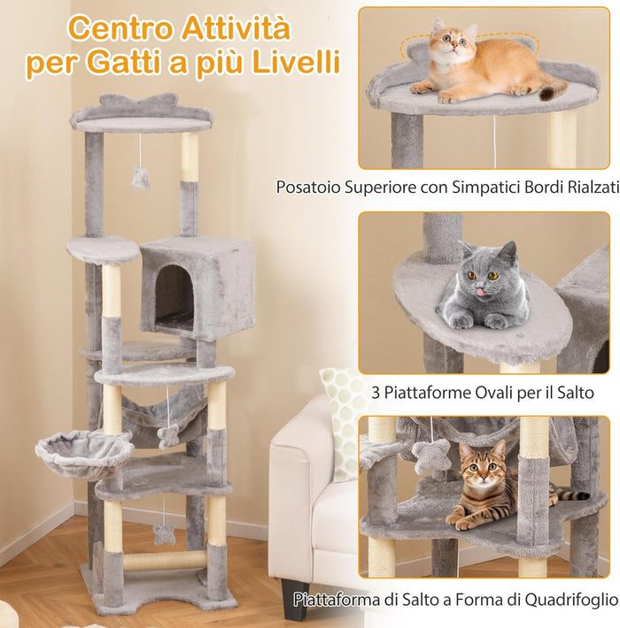 Tiragraffi 176cm, Albero per Gatti con Letto a Cesta, Amaca, Palline, Piattaforme di Salto, Giocattoli, Torre per Animali Domestici da Interno, Grigio