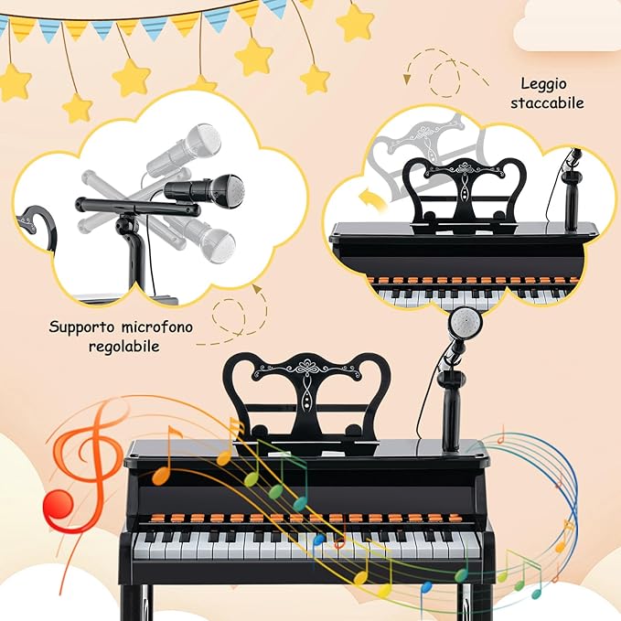 Set Pianoforte Elettrico per Bambini a 37 Tasti, Tastiera Digitale con Microfono Regolabile, Supporto per Spartiti Rimovibile, Funzioni di Record e Playback, per Bambini 3+ Anni (Nero)
