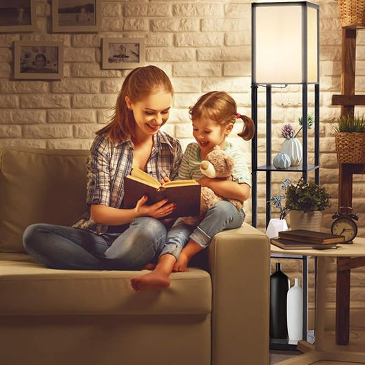 Lampada da Terra da Salotto Design e Moderno, Lampada da Terra con Lampada e 3 Mensole Paralume, Ideale per Soggiorno, Camera da Letto e Studio, Nero