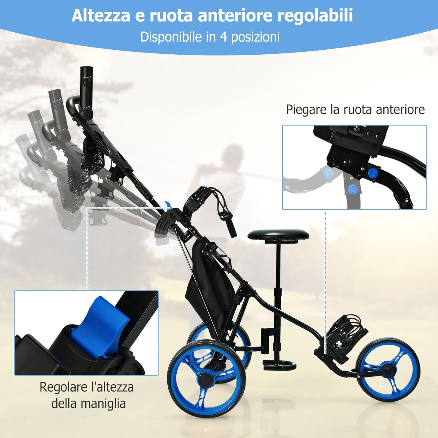 Carrello da Golf Pieghevole con 3 Ruote, Trolley da Golf Altezza Regolabile di Alluminio con Sedile, Porta Ombrello e Porta Bevande