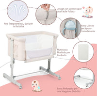 Culla Neonato Fianco Letto 3 in 1, Lettino Dondolo Neonati con Materasso, Culla da Campeggio con Ruote e Borsa, Regolabile In Altezza, Inclinazione di 10°, per Bambini 0-6 Mesi (Beige)