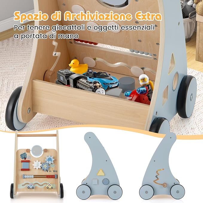 2 in 1 Girello Neonato in Legno, Carrello Primi Passi per Bambini, con Giocattoli Montessori, Scomparto Portaoggetti, per Bambini 3+ Anni
