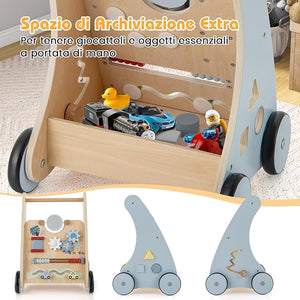 2 in 1 Girello Neonato in Legno, Carrello Primi Passi per Bambini, con Giocattoli Montessori, Scomparto Portaoggetti, per Bambini 3+ Anni
