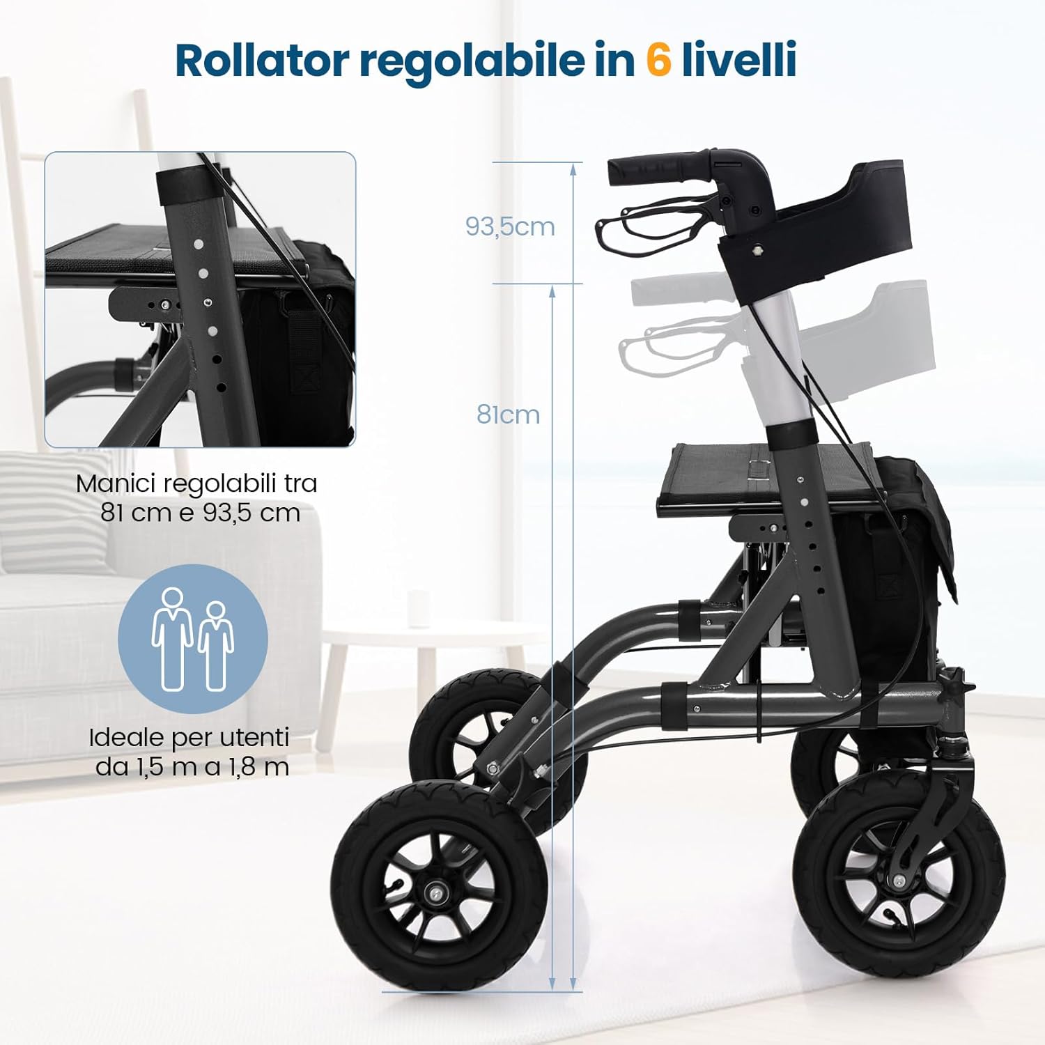 Deambulatore con Seduta 2 in 1, Rollator Pieghevole per Anziani con 4 Ruote, Maniglie Regolabili in Altezza 81-94cm, Portaombrelloni e Borsa Portaoggetti, Carico Massimo 160 kg (Nero)