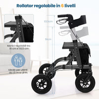 Deambulatore con Seduta 2 in 1, Rollator Pieghevole per Anziani con 4 Ruote, Maniglie Regolabili in Altezza 81-94cm, Portaombrelloni e Borsa Portaoggetti, Carico Massimo 160 kg (Nero)