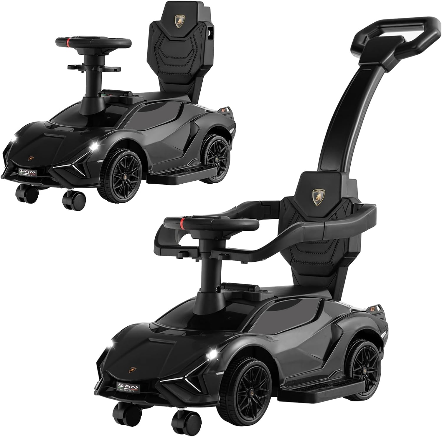 3 in 1 Auto da Spinta, Auto Scorrevole con Paracolpi e Manubrio Rimovibili Musica e Fari, Spazio di Stoccaggio Nascosto e Ruote Universali Staccabili, Bambini 18-24 Mesi (Nero)