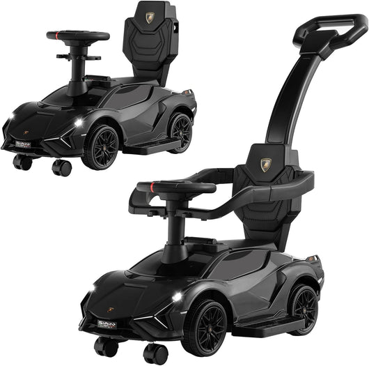 3 in 1 Auto da Spinta, Auto Scorrevole con Paracolpi e Manubrio Rimovibili Musica e Fari, Spazio di Stoccaggio Nascosto e Ruote Universali Staccabili, Bambini 18-24 Mesi (Nero)