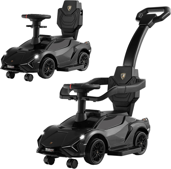 3 in 1 Auto da Spinta, Auto Scorrevole con Paracolpi e Manubrio Rimovibili Musica e Fari, Spazio di Stoccaggio Nascosto e Ruote Universali Staccabili, Bambini 18-24 Mesi (Nero)