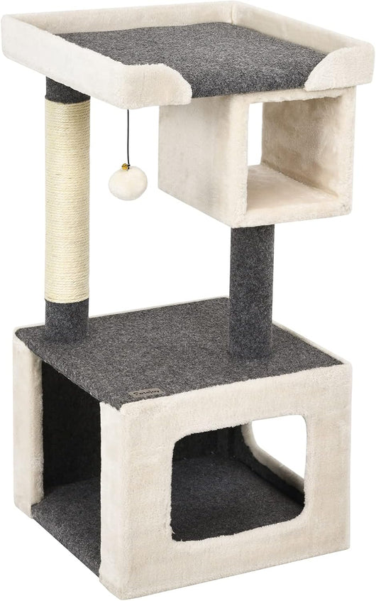 Tiragraffi per Gatti Piccoli, Tiragraffi Gatto con Cuccia, Piattaforme, Pallina e Tiragraffi in Sisal, Albero Tiragraffi in Legno da Divano, Salotto e Camera da Letto, 42 x 42 x 80 cm