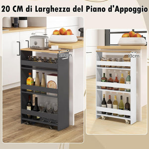 Carrello da Cucina a 4 Ripiani, Carrello in Legno con 4 Ruote Universali, Carrello Scaffale Stretto Salvaspazio con Manico per Bagno, Ufficio e Officina, 47,5 x 20 x 80,5 cm (Grigio)