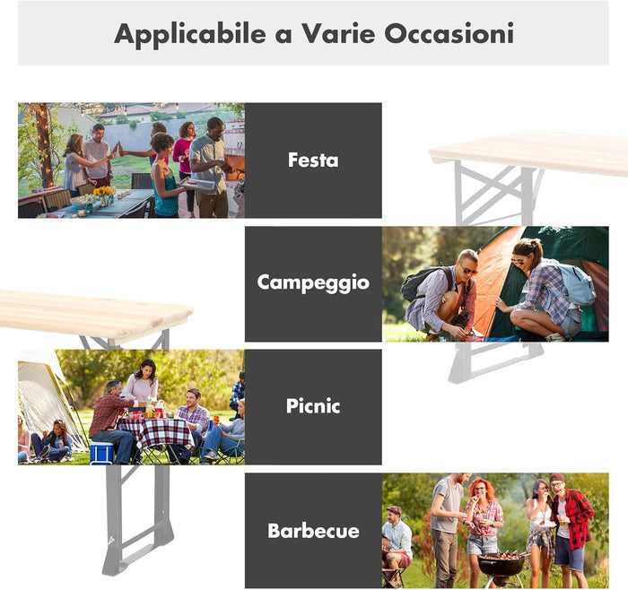 Tavolo da Picnic Pieghevole per Esterni da 168,5 cm, Tavolo da Campeggio in Legno con Altezza Regolabile, Tavolo per Birra con Foro per Ombrellone, 168,5 x 50 x 75/105 cm