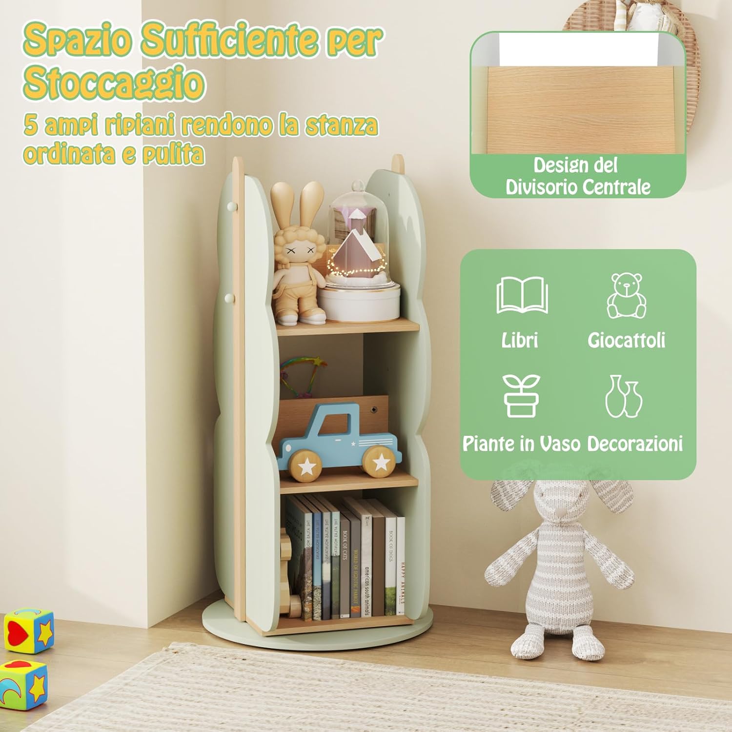 Scaffale Rotante per Bambini, Organizzatore per Giocattoli a 5 Ripiani, Mensola Girevole a 360° per Angolo, Scaffale da Terra per Camera dei Bambini Sala Giochi Asilo, 47,5x47,5x96 cm