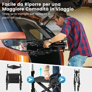2 in 1 Deambulatore Pieghevole e Sedie a Rotelle per Anziani in Alluminio, Rollator Altezza Regolabile con Seduta e Freni, Girello per Anziani con Ruote Robuste, Carico Massimo 140 kg (Nero)