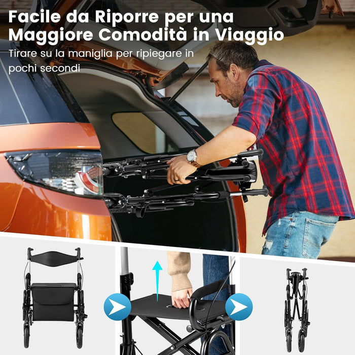 2 in 1 Deambulatore Pieghevole e Sedie a Rotelle per Anziani in Alluminio, Rollator Altezza Regolabile con Seduta e Freni, Girello per Anziani con Ruote Robuste, Carico Massimo 140 kg (Nero)