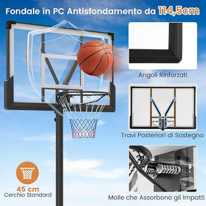 Canestro da Basket Regolabile 125-305 cm in Altezza per Bambini ed Adulti, Canestro con Piantana a Ruote, Canestro con Asta e Base Riempibile per Interno ed Esterno, Nero