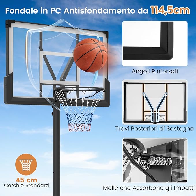 Canestro da Basket Regolabile 125-305 cm in Altezza per Bambini ed Adulti, Canestro con Piantana a Ruote, Canestro con Asta e Base Riempibile per Interno ed Esterno, Nero