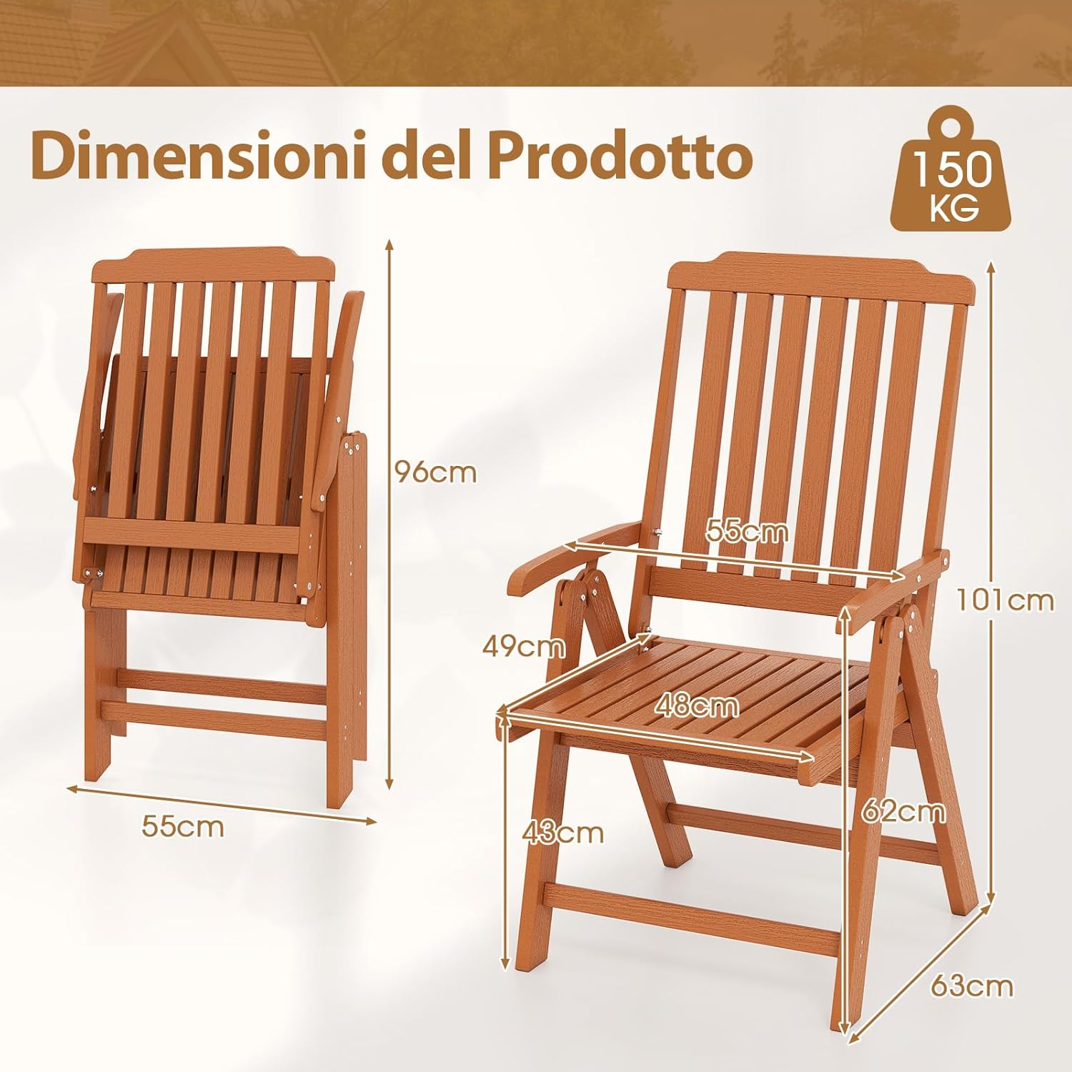 Sedia Esterno Pieghevole, Sedia Ergonomica in HDPE con Braccioli, Schienale Curvo e Seduta a Doghe, Poltrona Pranzo per Giardino Balcone Patio, Portata 150 kg (Marrone)