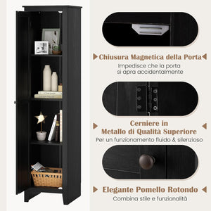 Mobile Bagno 43 x 39,5 x 183 cm, Colonna Bagno con Ante e 4 Ripiani, Armadietto Salvaspazio Alto a Colonna in MDF, per Soggiorno, Cucina e Ufficio (Nero)