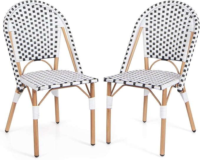 Set di 2 Sedie da Bistrot, Sedia da Pranzo Senza Braccioli con Rattan Intrecciato, Sedia da Giardino con Telaio in Metallo Zincato, Portata 150 kg, 56,5 x 41 x 88,5 cm