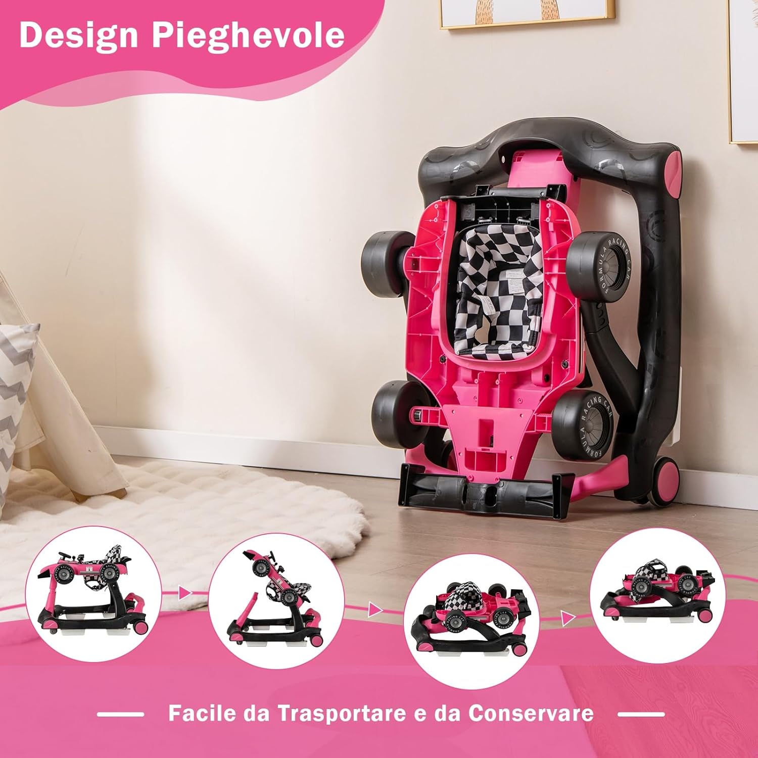 Girello per Bambini 4 in 1, Girello Pieghevole con Altezza e Velocità Regolabili, Carillon con Luci, Volante e Sedile, Primi Passi per Bambini 6-18 Mesi, Portata 15 kg (Rosa Scruro)