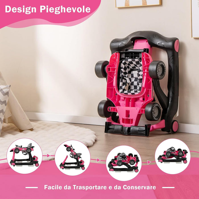 Girello per Bambini 4 in 1, Girello Pieghevole con Altezza e Velocità Regolabili, Carillon con Luci, Volante e Sedile, Primi Passi per Bambini 6-18 Mesi, Portata 15 kg (Rosa Scruro)