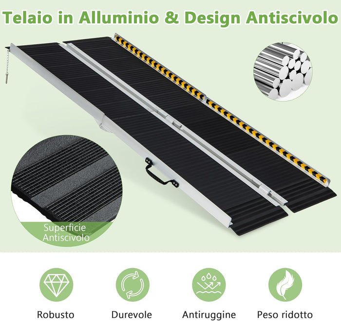 Set di 2 Rampa per Sedie a Rotelle in Alluminio, Rampa Telescopica Pieghevole con Superficie Antiscivolo, Capacità di Carico di 272 kg, per Soglie, Gradini, Scale (183 x 74cm)