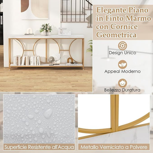 Consolle Moderna a 2 Livelli, 180 x 30 x 80 cm, in Marmo Sintetico e Struttura Metallo Dorato, Tavolo con Gambe Regolabili per Ingresso, Soggiorno o Corridoio, Max 50 KG (Moderno)