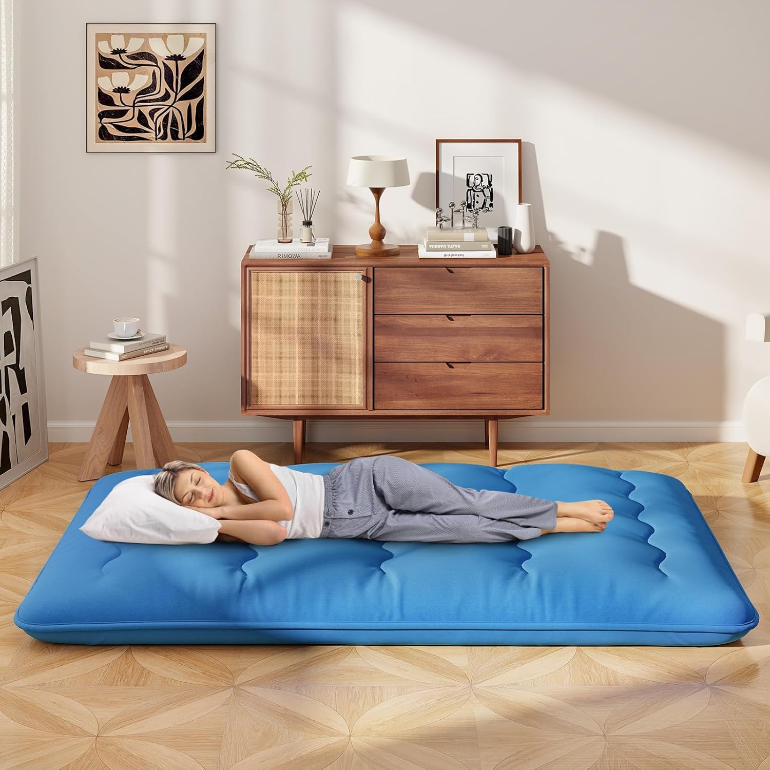 Materasso Futon Pieghevole, Materasso Portatile con Sacca da Trasporto per Camping, Materasso da Terra con Copertura Lavabile (200 x 140 cm, Blu)