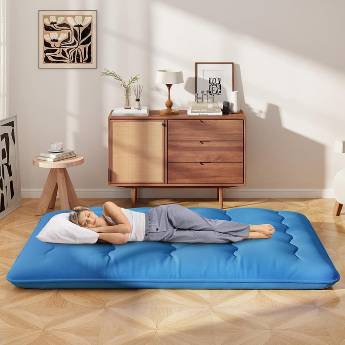 Materasso Futon Pieghevole, Materasso Portatile con Sacca da Trasporto per Camping, Materasso da Terra con Copertura Lavabile (200 x 140 cm, Blu)